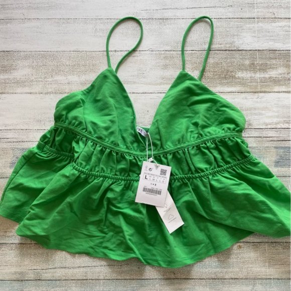 Zara Green Ruffled Cropped Tank Top Size L - Picture 2 of 9